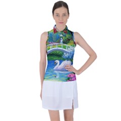 Swan Bird Spring Flowers Trees Lake Pond Landscape Original Aceo Painting Art Women s Sleeveless Polo T-shirt by Ket1n9