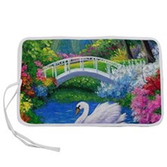 Swan Bird Spring Flowers Trees Lake Pond Landscape Original Aceo Painting Art Pen Storage Case (l) by Ket1n9