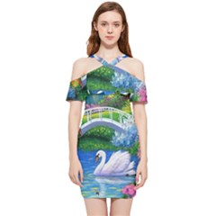 Swan Bird Spring Flowers Trees Lake Pond Landscape Original Aceo Painting Art Shoulder Frill Bodycon Summer Dress by Ket1n9