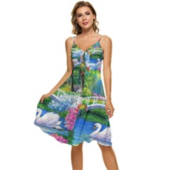 Swan Bird Spring Flowers Trees Lake Pond Landscape Original Aceo Painting Art Sleeveless Tie Front Chiffon Dress by Ket1n9