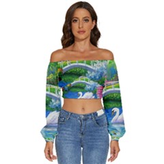 Swan Bird Spring Flowers Trees Lake Pond Landscape Original Aceo Painting Art Long Sleeve Crinkled Weave Crop Top by Ket1n9