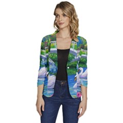 Swan Bird Spring Flowers Trees Lake Pond Landscape Original Aceo Painting Art Women s One-button 3/4 Sleeve Short Jacket by Ket1n9