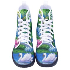 Swan Bird Spring Flowers Trees Lake Pond Landscape Original Aceo Painting Art Men s High-top Canvas Sneakers by Ket1n9