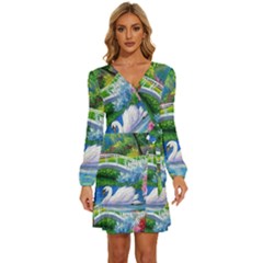 Swan Bird Spring Flowers Trees Lake Pond Landscape Original Aceo Painting Art Long Sleeve Waist Tie Ruffle Velvet Dress by Ket1n9