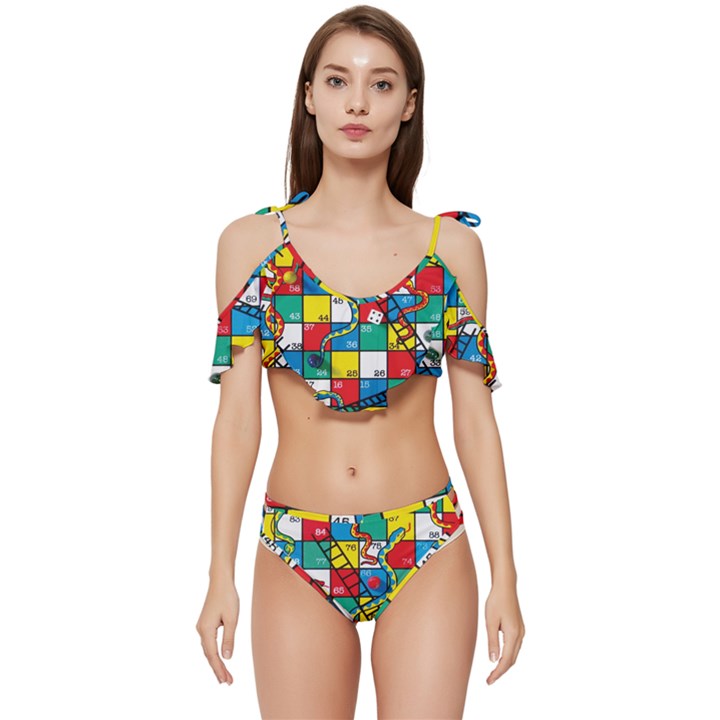 Snakes And Ladders Ruffle Edge Tie Up Bikini Set	