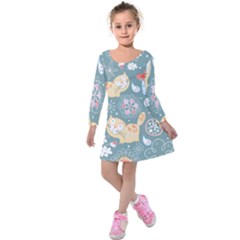 Cute Cat Background Pattern Kids  Long Sleeve Velvet Dress by Ket1n9