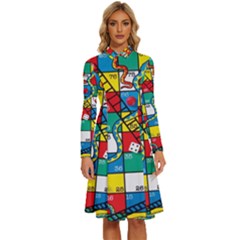 Snakes And Ladders Long Sleeve Shirt Collar A-line Dress by Ket1n9