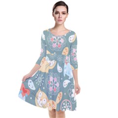 Cute Cat Background Pattern Quarter Sleeve Waist Band Dress by Ket1n9