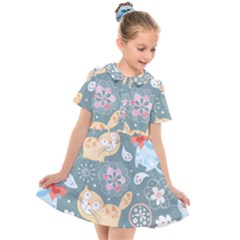 Cute Cat Background Pattern Kids  Short Sleeve Shirt Dress by Ket1n9