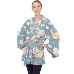 Cute Cat Background Pattern Long Sleeve Velvet Kimono  by Ket1n9