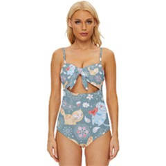 Cute Cat Background Pattern Knot Front One-piece Swimsuit by Ket1n9