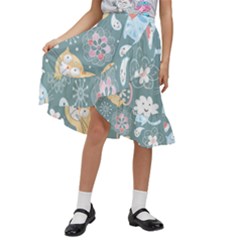 Cute Cat Background Pattern Kids  Ruffle Flared Wrap Midi Skirt