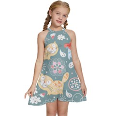 Cute Cat Background Pattern Kids  Halter Collar Waist Tie Chiffon Dress by Ket1n9