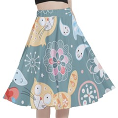 Cute Cat Background Pattern A-line Full Circle Midi Skirt With Pocket