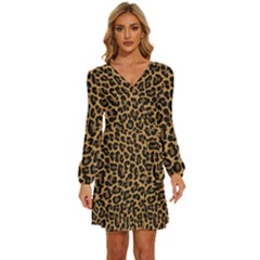 Tiger Skin Art Pattern Long Sleeve Waist Tie Ruffle Velvet Dress by Ket1n9