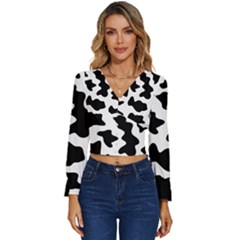 Animal-print-black-and-white-black Long Sleeve V-neck Top by Ket1n9