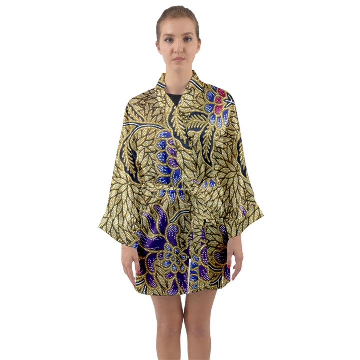 Traditional Art Batik Pattern Long Sleeve Satin Kimono