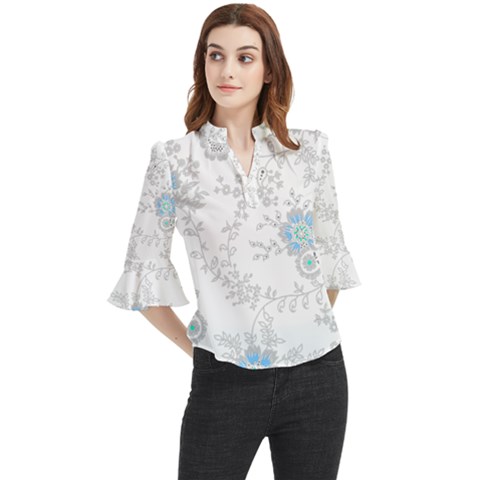 Traditional Art Batik Flower Pattern Loose Horn Sleeve Chiffon Blouse by Ket1n9