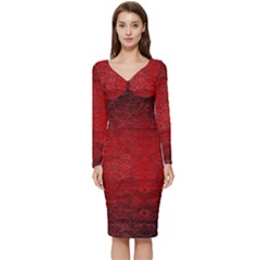 Red-grunge-texture-black-gradient Long Sleeve V-neck Bodycon Dress  by Ket1n9