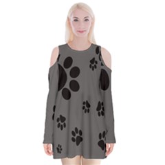 Dog-foodprint Paw Prints Seamless Background And Pattern Velvet Long Sleeve Shoulder Cutout Dress by Ket1n9