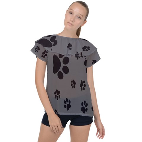 Dog-foodprint Paw Prints Seamless Background And Pattern Ruffle Collar Chiffon Blouse by Ket1n9