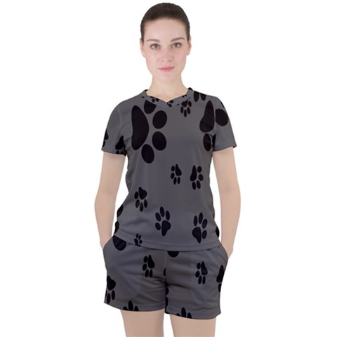 Dog-foodprint Paw Prints Seamless Background And Pattern Women s T-shirt And Shorts Set by Ket1n9