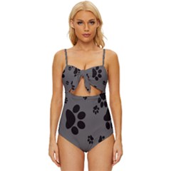 Dog-foodprint Paw Prints Seamless Background And Pattern Knot Front One-piece Swimsuit by Ket1n9