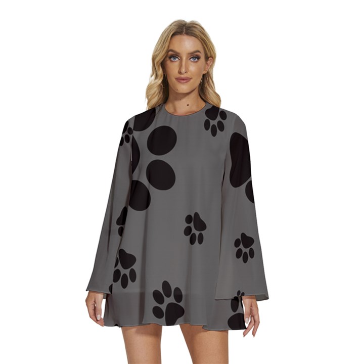 Dog-foodprint Paw Prints Seamless Background And Pattern Round Neck Long Sleeve Bohemian Style Chiffon Mini Dress