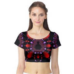 Fractal Red Violet Symmetric Spheres On Black Short Sleeve Crop Top by Ket1n9