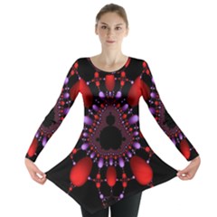 Fractal Red Violet Symmetric Spheres On Black Long Sleeve Tunic  by Ket1n9