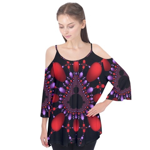 Fractal Red Violet Symmetric Spheres On Black Flutter Sleeve T-shirt  by Ket1n9