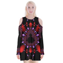 Fractal Red Violet Symmetric Spheres On Black Velvet Long Sleeve Shoulder Cutout Dress by Ket1n9