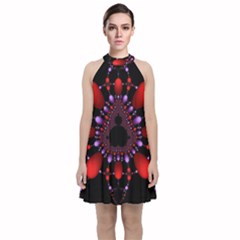 Fractal Red Violet Symmetric Spheres On Black Velvet Halter Neckline Dress  by Ket1n9