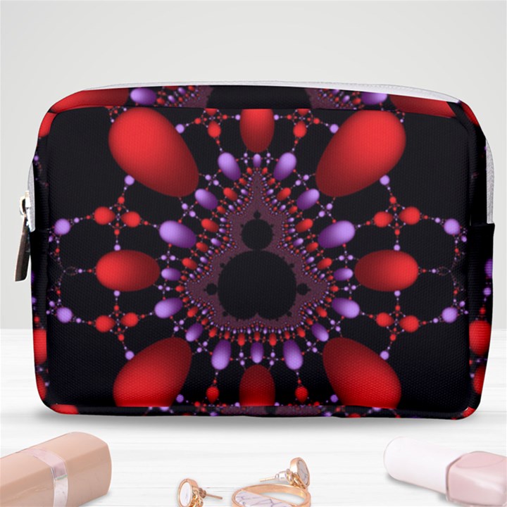 Fractal Red Violet Symmetric Spheres On Black Make Up Pouch (Medium)