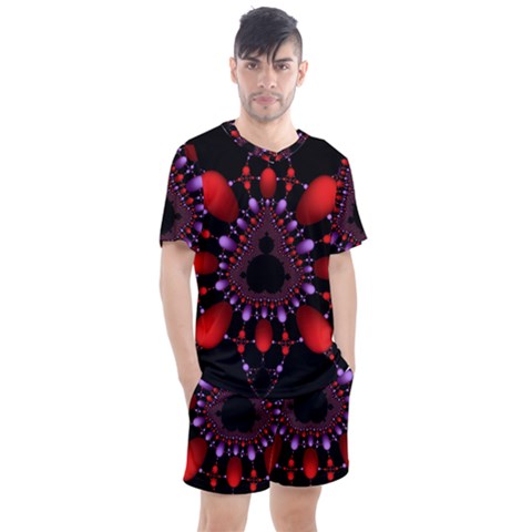 Fractal Red Violet Symmetric Spheres On Black Men s Mesh T-shirt And Shorts Set by Ket1n9