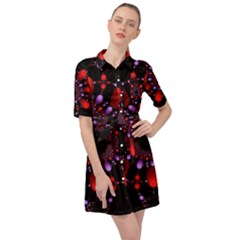 Fractal Red Violet Symmetric Spheres On Black Belted Shirt Dress by Ket1n9