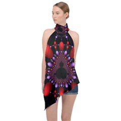 Fractal Red Violet Symmetric Spheres On Black Halter Asymmetric Satin Top by Ket1n9