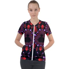 Fractal Red Violet Symmetric Spheres On Black Short Sleeve Zip Up Jacket by Ket1n9