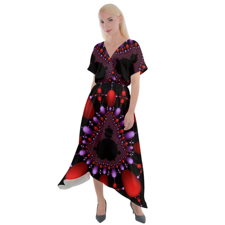 Fractal Red Violet Symmetric Spheres On Black Cross Front Sharkbite Hem Maxi Dress