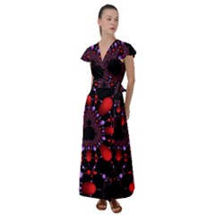 Fractal Red Violet Symmetric Spheres On Black Flutter Sleeve Maxi Dress by Ket1n9