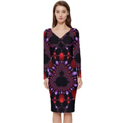 Fractal Red Violet Symmetric Spheres On Black Long Sleeve V-neck Bodycon Dress  by Ket1n9