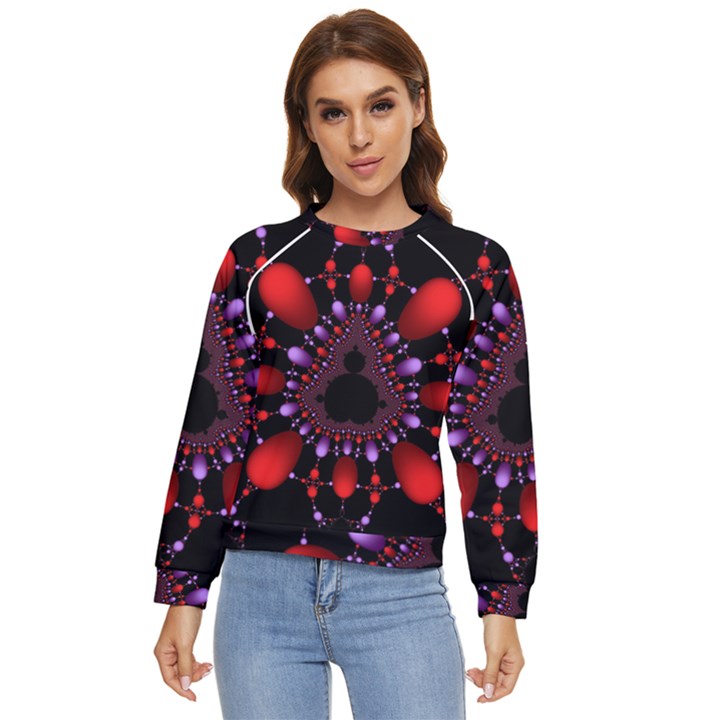 Fractal Red Violet Symmetric Spheres On Black Women s Long Sleeve Raglan T-Shirt