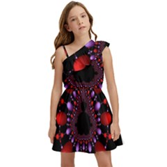 Fractal Red Violet Symmetric Spheres On Black Kids  One Shoulder Party Dress