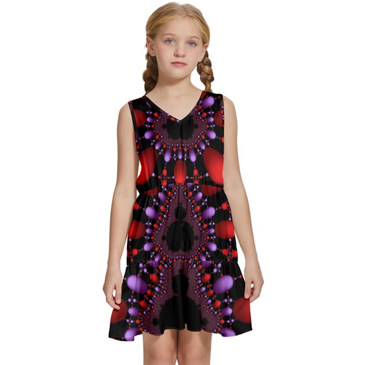 Fractal Red Violet Symmetric Spheres On Black Kids  Sleeveless Tiered Mini Dress