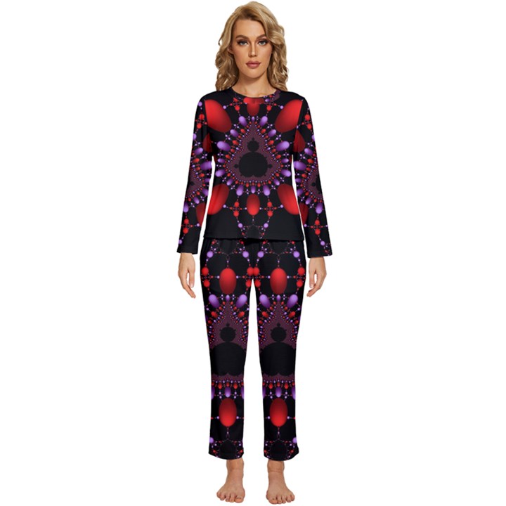 Fractal Red Violet Symmetric Spheres On Black Womens  Long Sleeve Lightweight Pajamas Set