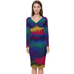 Watercolour-color-background Long Sleeve V-neck Bodycon Dress  by Ket1n9