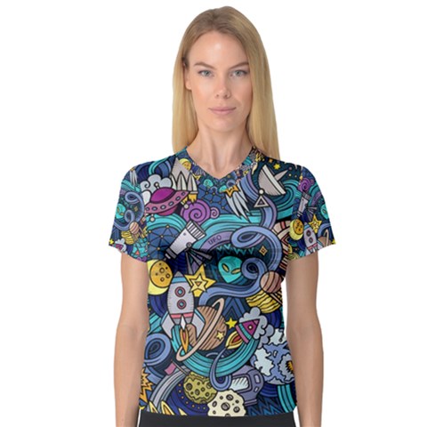 Cartoon-hand-drawn-doodles-on-the-subject-of-space-style-theme-seamless-pattern-vector-background V-neck Sport Mesh T-shirt by Ket1n9