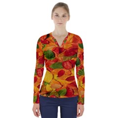 Leaves Texture V-neck Long Sleeve Top by Ket1n9