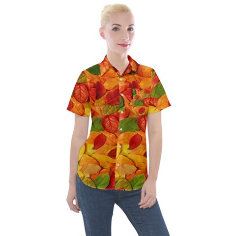 Leaves Texture Women s Short Sleeve Pocket Shirt by Ket1n9