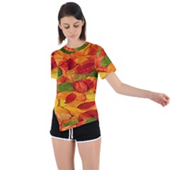 Leaves Texture Asymmetrical Short Sleeve Sports T-shirt by Ket1n9